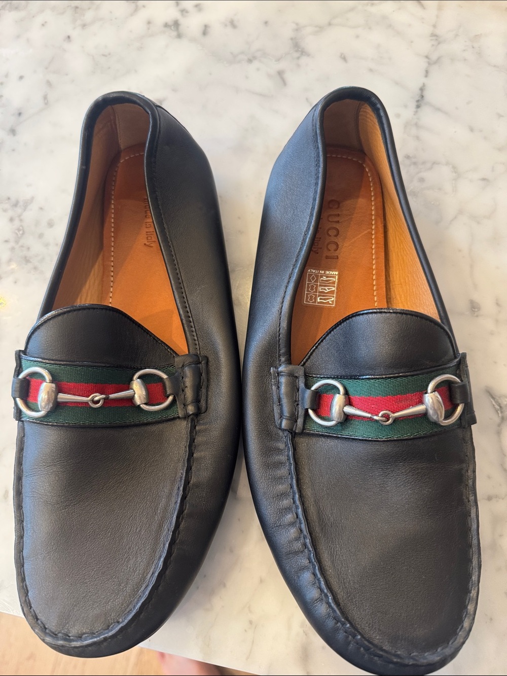 Gucci Black Leather Loafers with Green-Red Web and Silver Horsebit